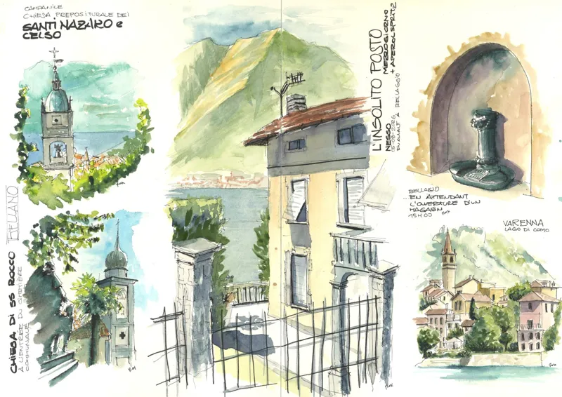 Double page de carnet sur Bellano : églises, ruelles, portail et vues du lac, à l'aquarelle.