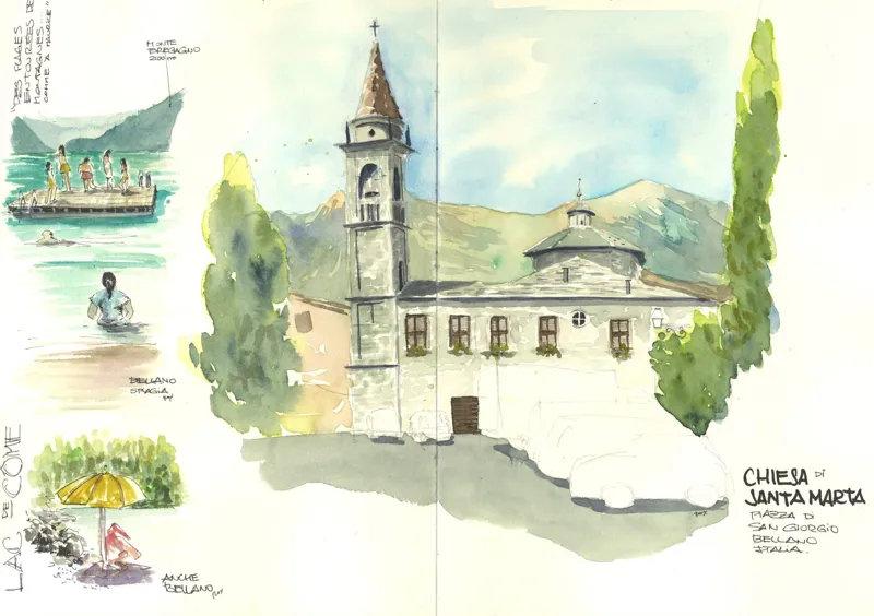 Double page de carnet : église au bord du lac de Côme, bateau et baigneurs à l'aquarelle.