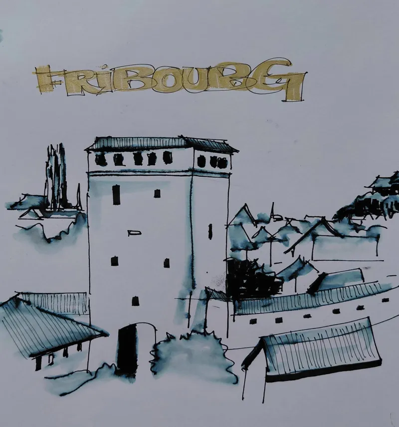 Tour médiévale et toits de la vieille ville de Fribourg, dessinés à l'encre avec le mot Fribourg en lettres dorées.