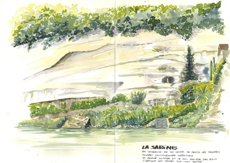 Falaises de molasse et végétation au bord de la Sarine, peintes à l'aquarelle sur une double page de carnet.
