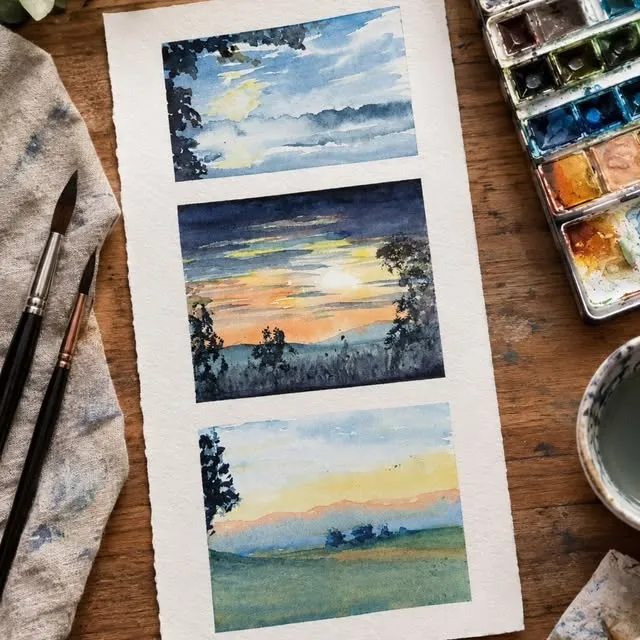 Trois petits paysages de ciel à l'aquarelle, du bleu nuit à l'orange du coucher de soleil, avec la palette et les pinceaux.