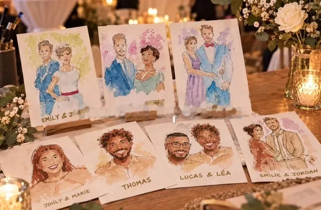 Exemple de portraits de couples et d'invités dessinés à l'aquarelle, posés sur une table de mariage.